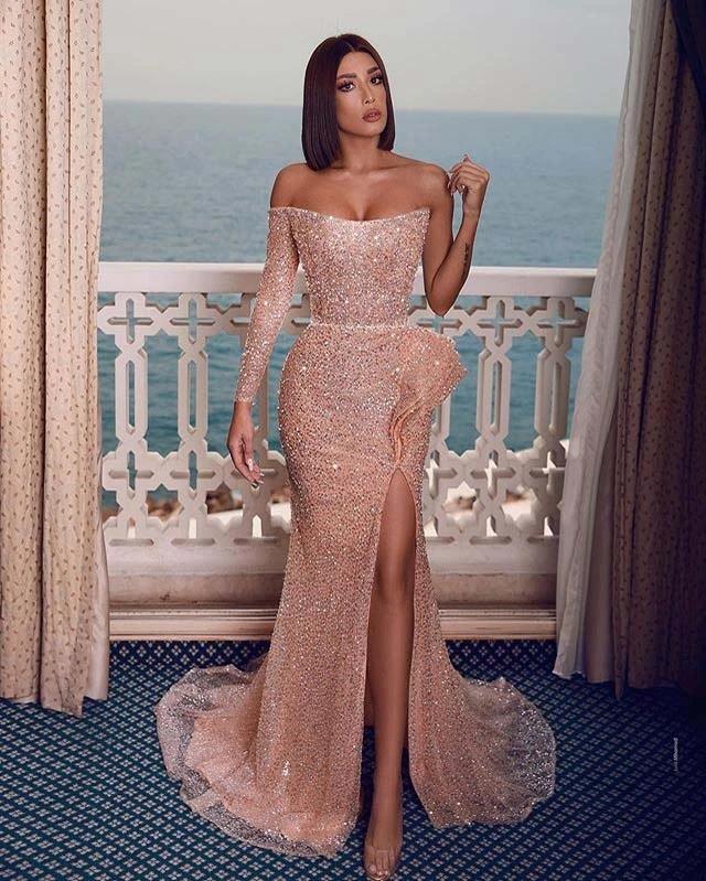 Sexy Sparkly Champagne Rose One-shoulder Side-slit Mermaid Long Prom Dresses - Prom Dresses - DYAVOR®