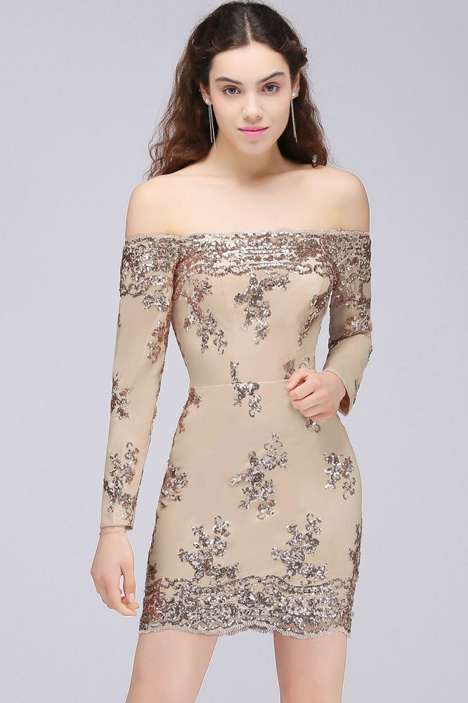Sheath Off-the-Shoulder Nude Pink Homecoming Dresses with Sequins - Prom Dresses - DYAVOR®
