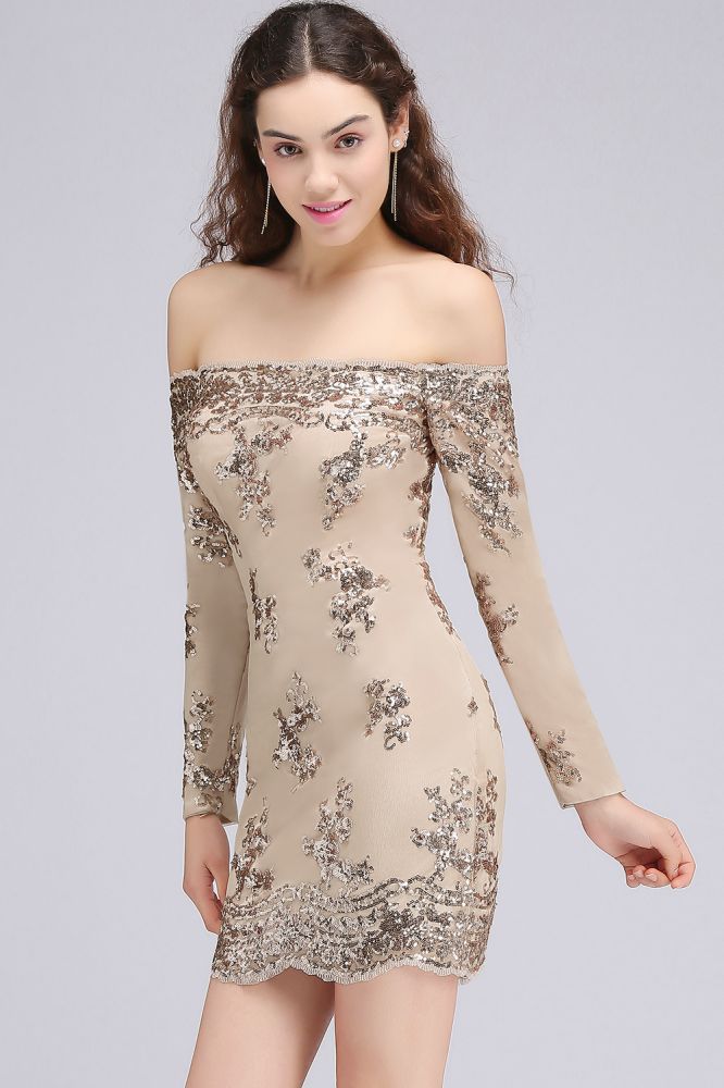 Sheath Off-the-Shoulder Nude Pink Homecoming Dresses with Sequins - Prom Dresses - DYAVOR®