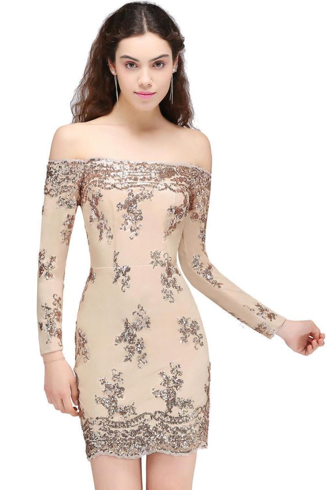 Sheath Off-the-Shoulder Nude Pink Homecoming Dresses with Sequins - Prom Dresses - DYAVOR®