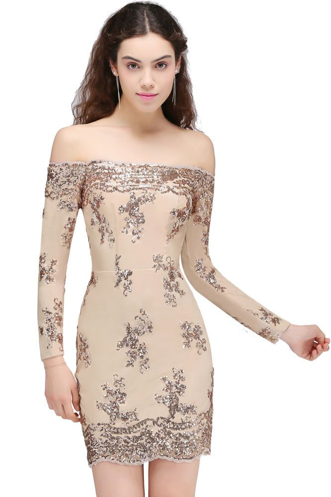 Sheath Off-the-Shoulder Nude Pink Homecoming Dresses with Sequins - Prom Dresses - DYAVOR®