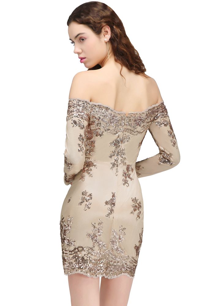Sheath Off-the-Shoulder Nude Pink Homecoming Dresses with Sequins - Prom Dresses - DYAVOR®