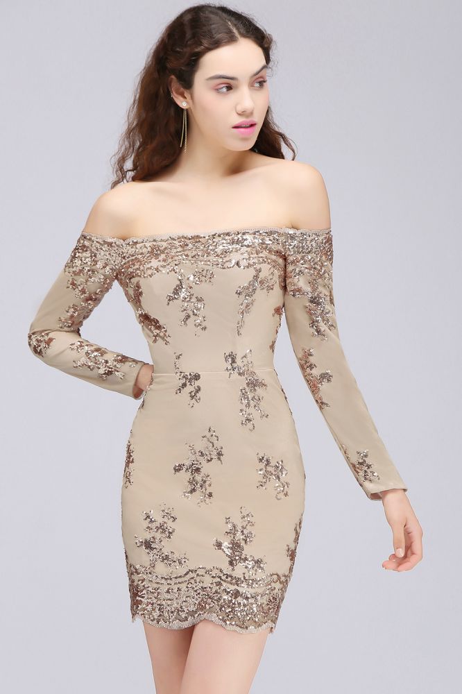 Sheath Off-the-Shoulder Nude Pink Homecoming Dresses with Sequins - Prom Dresses - DYAVOR®