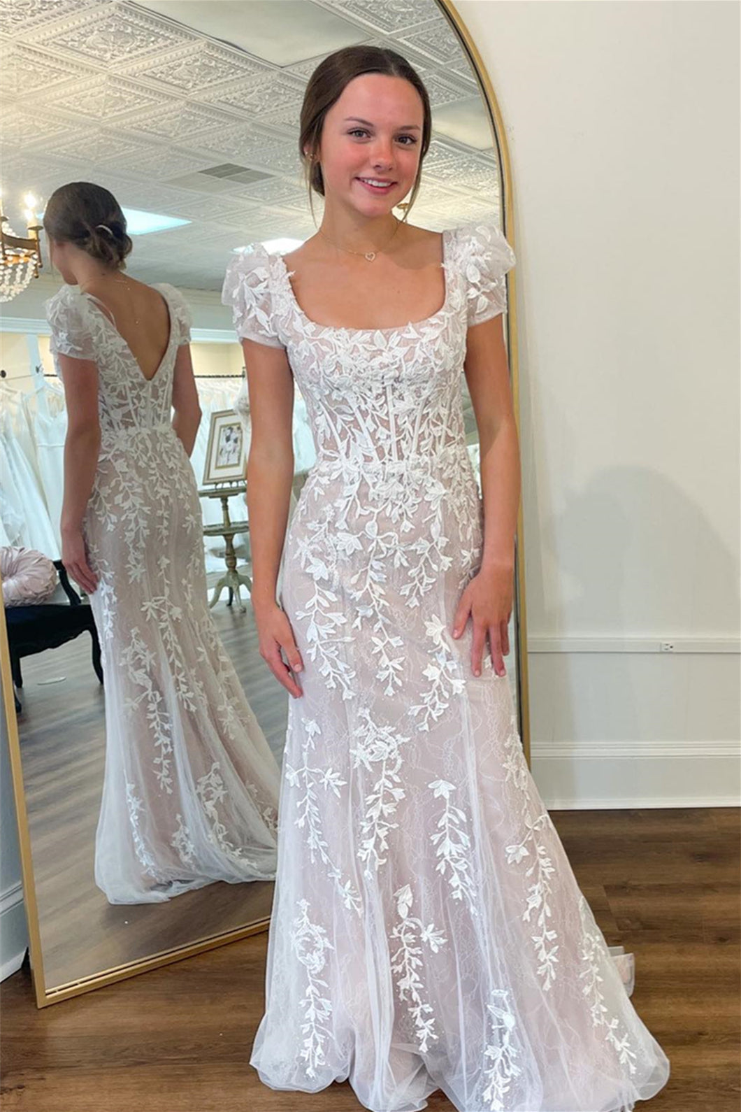 Theresa | White Appliques Square Neck Puff Sleeves Long Prom Dress - Prom Dress - DYAVOR®