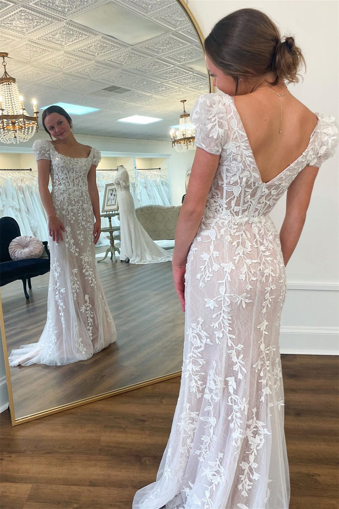 Theresa | White Appliques Square Neck Puff Sleeves Long Prom Dress - Prom Dress - DYAVOR®