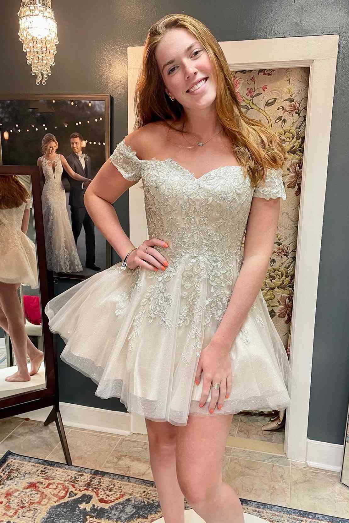 Short Appliqued Champagne Off the Shoulder Tulle Party Dress - - DYAVOR®