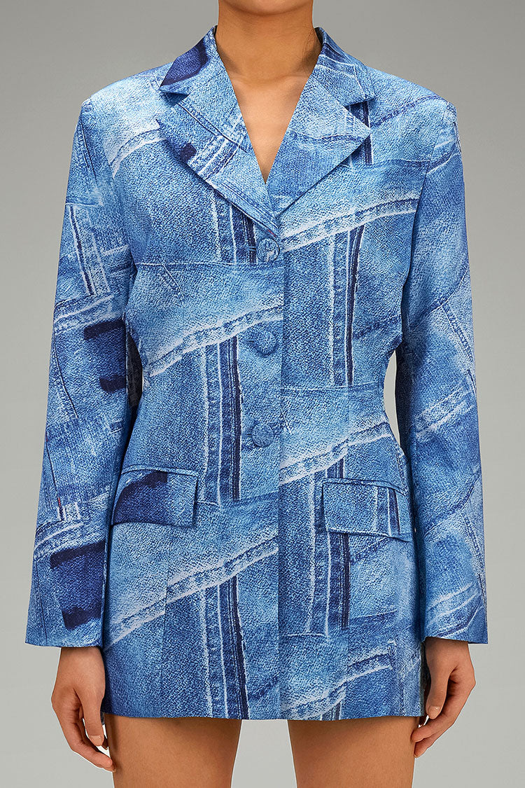 Silky Satin Denim Print Lapel Long Sleeve Button Up Bow Tie Cutout Blazer - Blazers - DYAVOR®