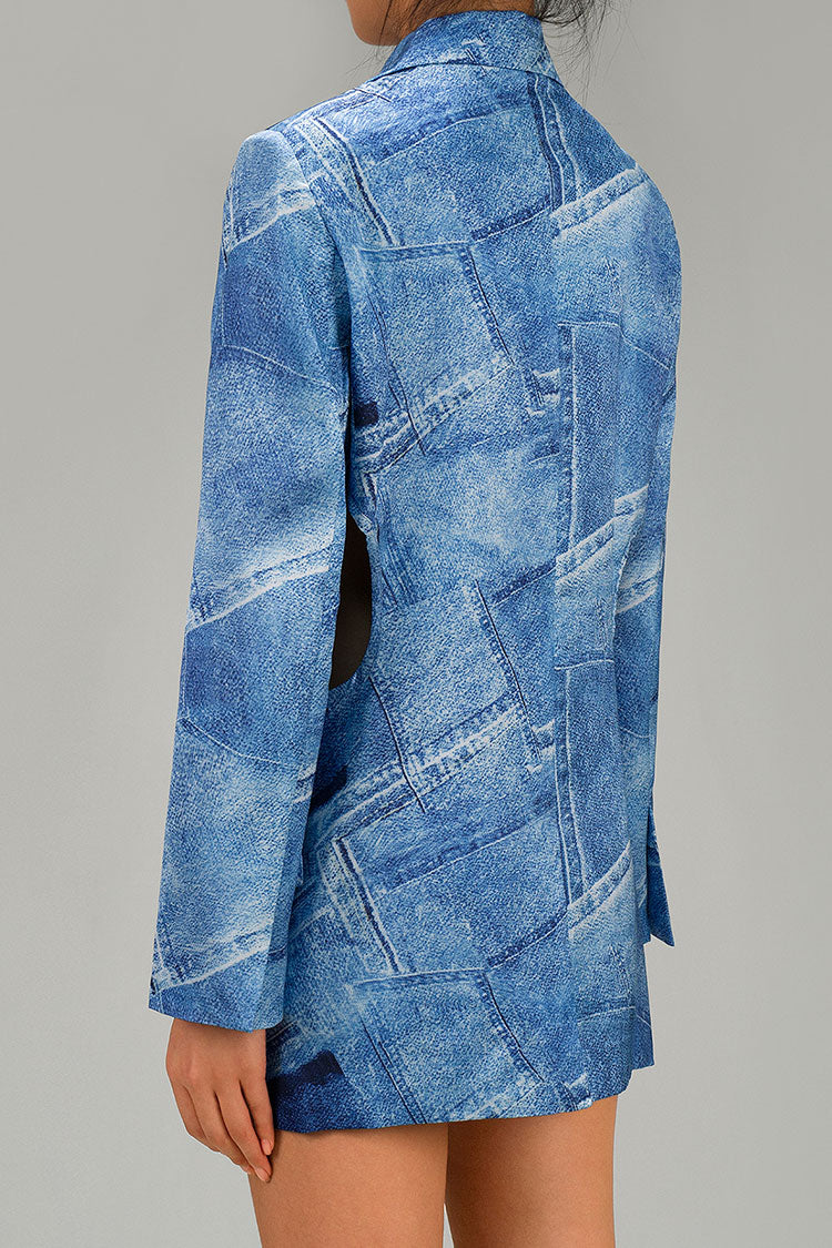 Silky Satin Denim Print Lapel Long Sleeve Button Up Bow Tie Cutout Blazer - Blazers - DYAVOR®