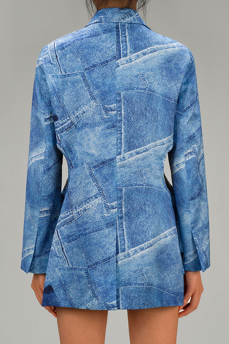 Silky Satin Denim Print Lapel Long Sleeve Button Up Bow Tie Cutout Blazer - Blazers - DYAVOR®
