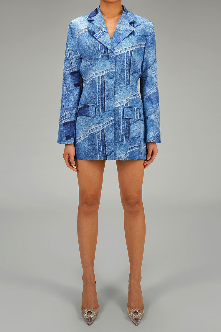 Silky Satin Denim Print Lapel Long Sleeve Button Up Bow Tie Cutout Blazer - Blazers - DYAVOR®