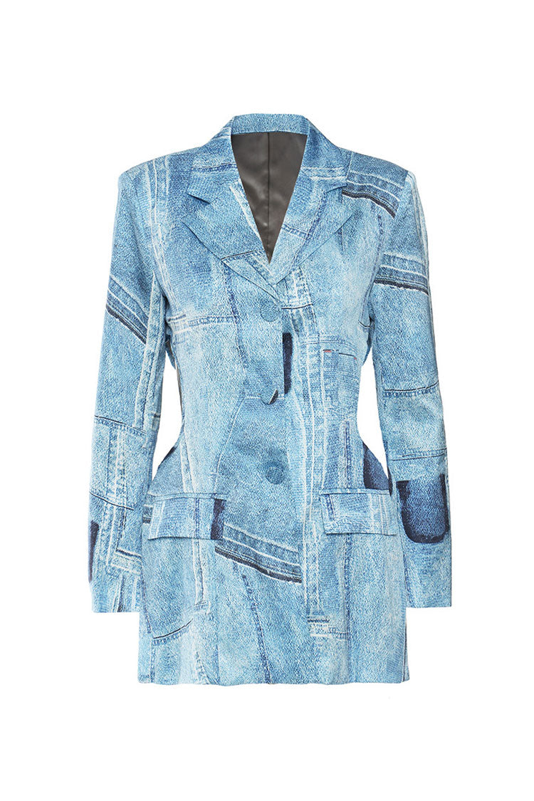 Silky Satin Denim Print Lapel Long Sleeve Button Up Bow Tie Cutout Blazer - Blazers - DYAVOR®