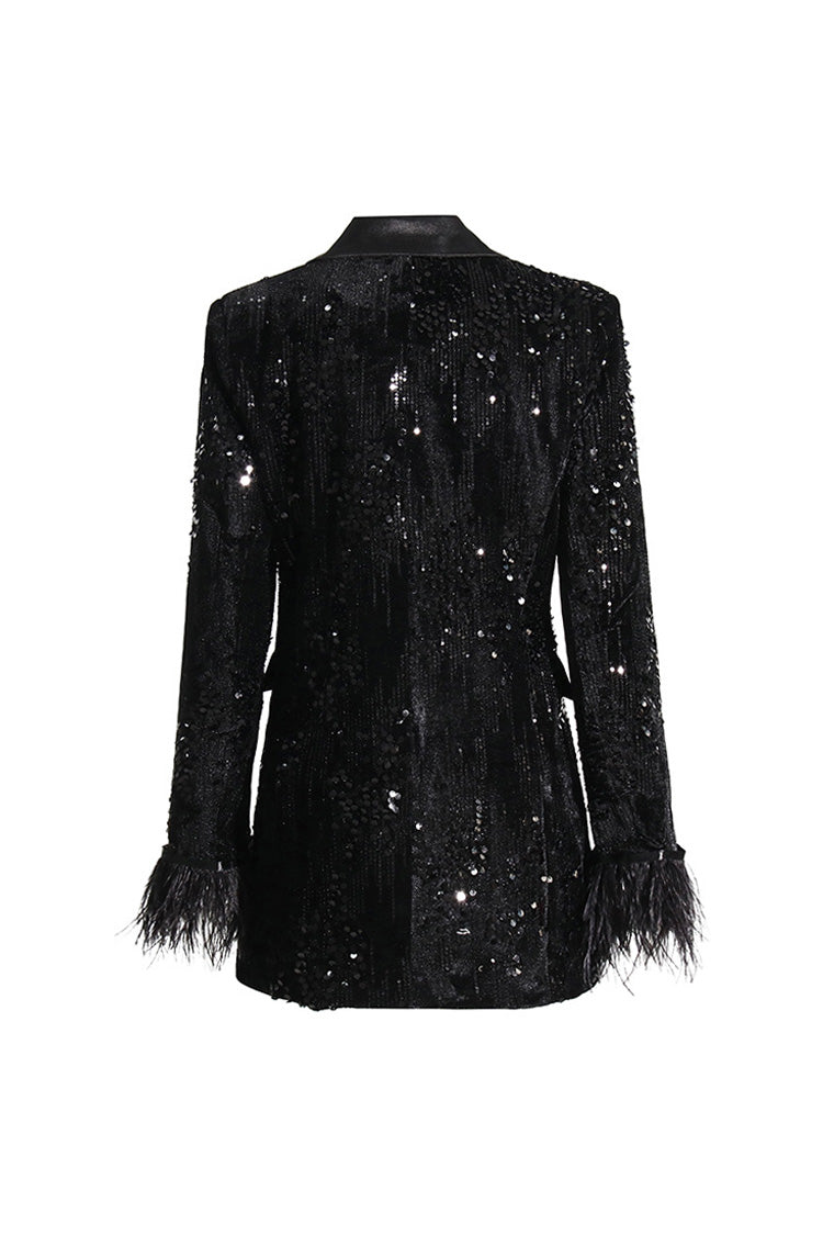 Silky Satin Lapel Feather Trim Long Sleeve Cinch Waist Sequin Party Blazer - Blazers - DYAVOR®