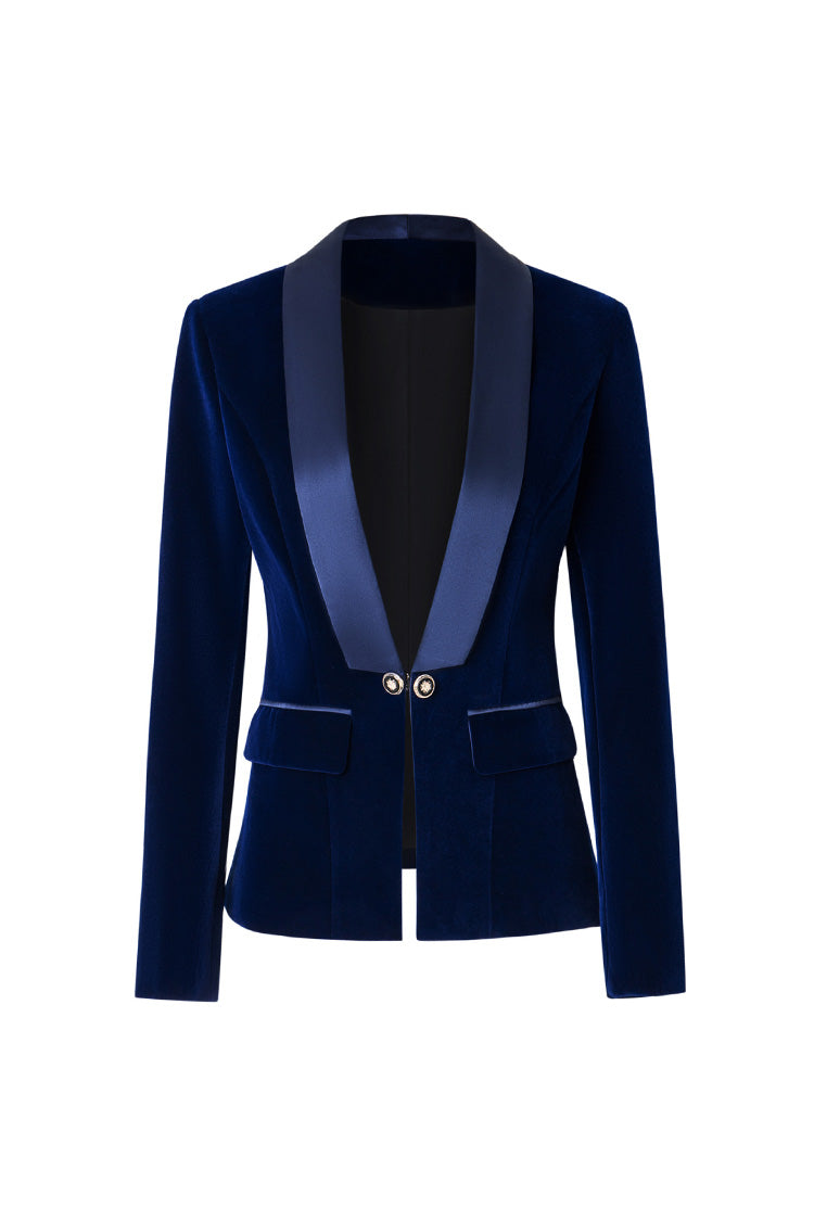 Silky Satin Shawl Collar Plunge Long Sleeve Cinched Waist Velvet Blazer - Blazers - DYAVOR®
