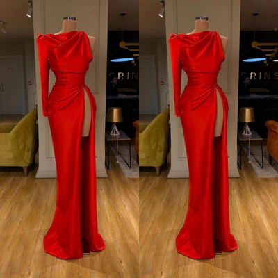 Simple Long Red Mermaid Satin Split Prom Dress With Long Sleeve - Prom Dresses - DYAVOR®