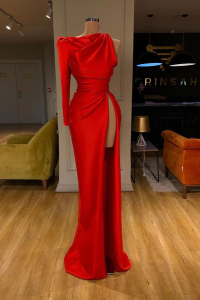 Simple Long Red Mermaid Satin Split Prom Dress With Long Sleeve - Prom Dresses - DYAVOR®
