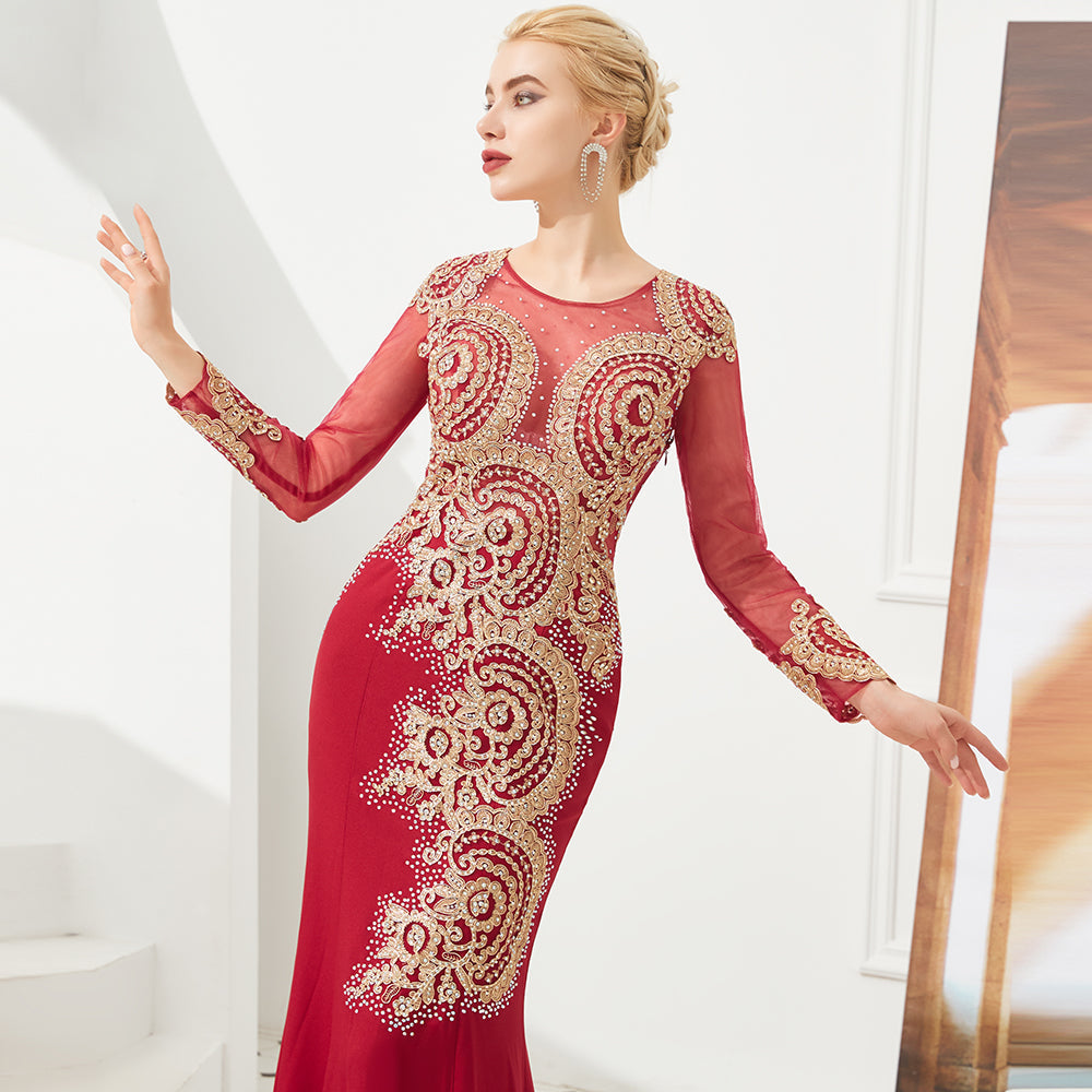 Slim Long Sleeves Gold Appliques Mermaid Evening Gowns Floor Length Event Party Dress - Prom Dresses - DYAVOR®