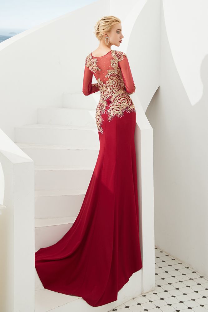 Slim Long Sleeves Gold Appliques Mermaid Evening Gowns Floor Length Event Party Dress - Prom Dresses - DYAVOR®