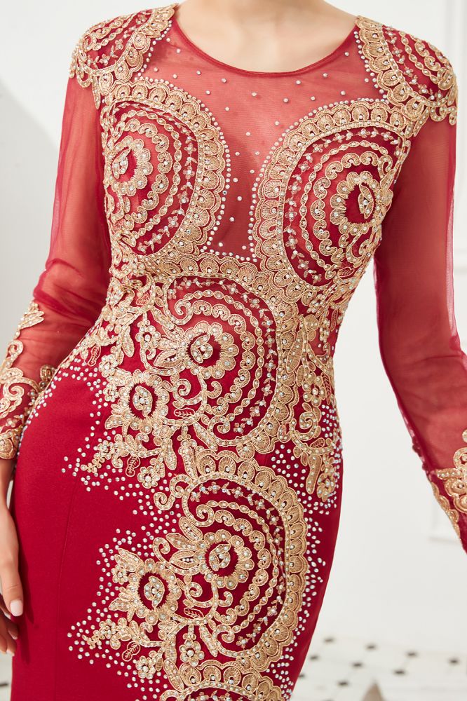 Slim Long Sleeves Gold Appliques Mermaid Evening Gowns Floor Length Event Party Dress - Prom Dresses - DYAVOR®