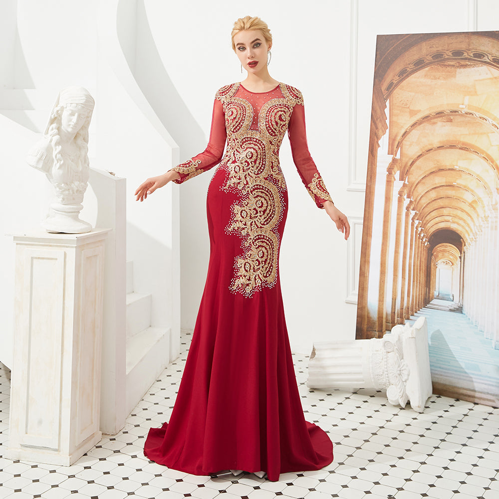 Slim Long Sleeves Gold Appliques Mermaid Evening Gowns Floor Length Event Party Dress - Prom Dresses - DYAVOR®