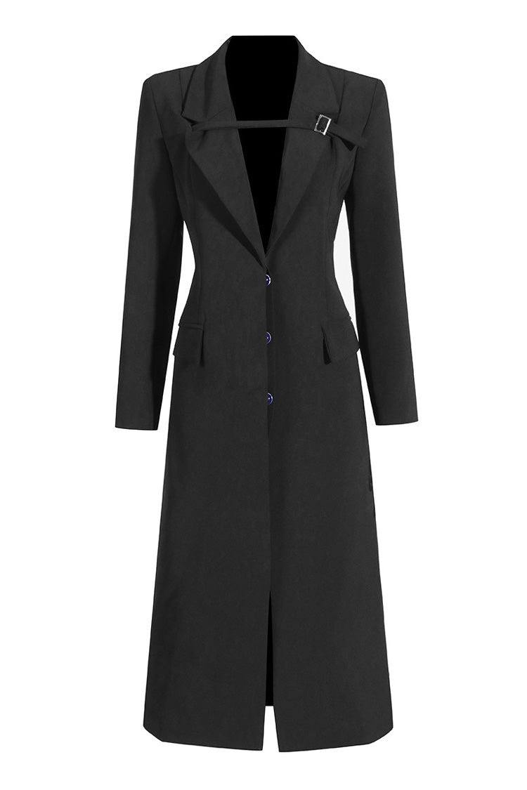 Smart Buckle Strap Shoulder Pad Cinch Waist Button Down Long Tailored Blazer - Blazers - DYAVOR®