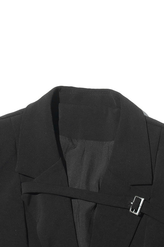 Smart Buckle Strap Shoulder Pad Cinch Waist Button Down Long Tailored Blazer - Blazers - DYAVOR®
