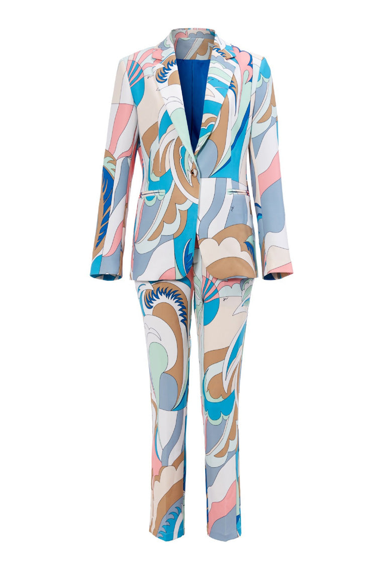 Smart Casual Abstract Print Lapel Cinch Waist Skinny Print Two Piece Blazer Set - Matching Sets - DYAVOR®