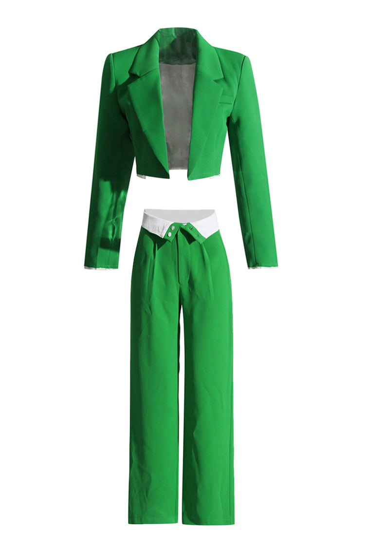 Smart Casual Lapel Crop Blazer Contrast Foldover Waist Two Piece Suit Pants Set - Matching Sets - DYAVOR®
