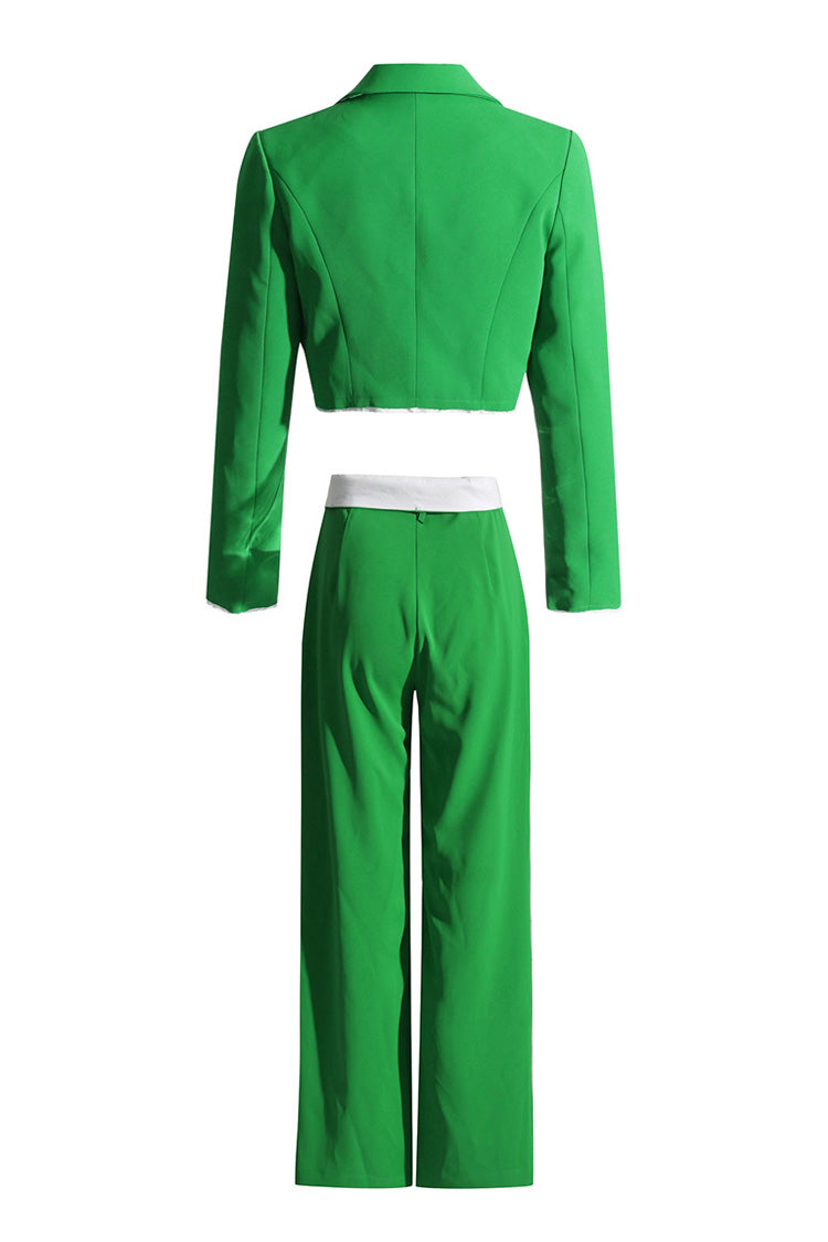 Smart Casual Lapel Crop Blazer Contrast Foldover Waist Two Piece Suit Pants Set - Matching Sets - DYAVOR®