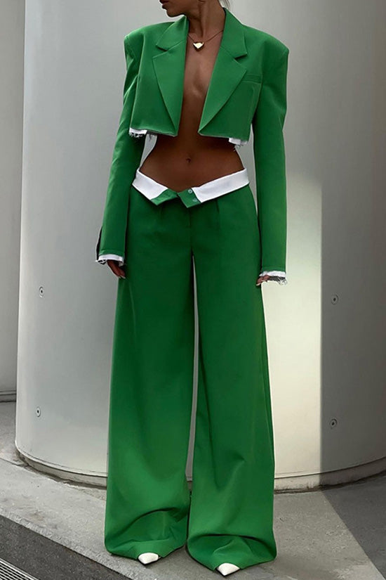 Smart Casual Lapel Crop Blazer Contrast Foldover Waist Two Piece Suit Pants Set - Matching Sets - DYAVOR®