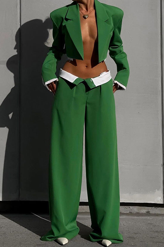 Smart Casual Lapel Crop Blazer Contrast Foldover Waist Two Piece Suit Pants Set - Matching Sets - DYAVOR®