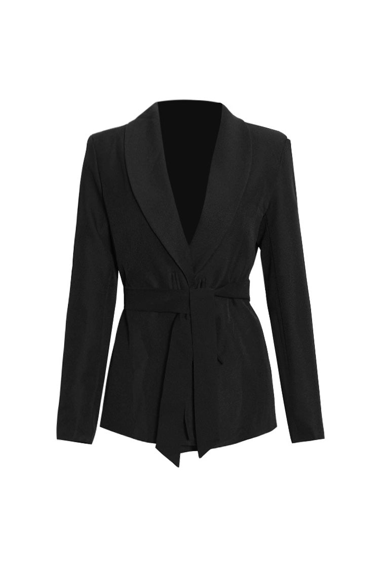 Smart Casual Solid Shawl Collar Shoulder Pad Cinch Waist Belted Blazer - Blazers - DYAVOR®