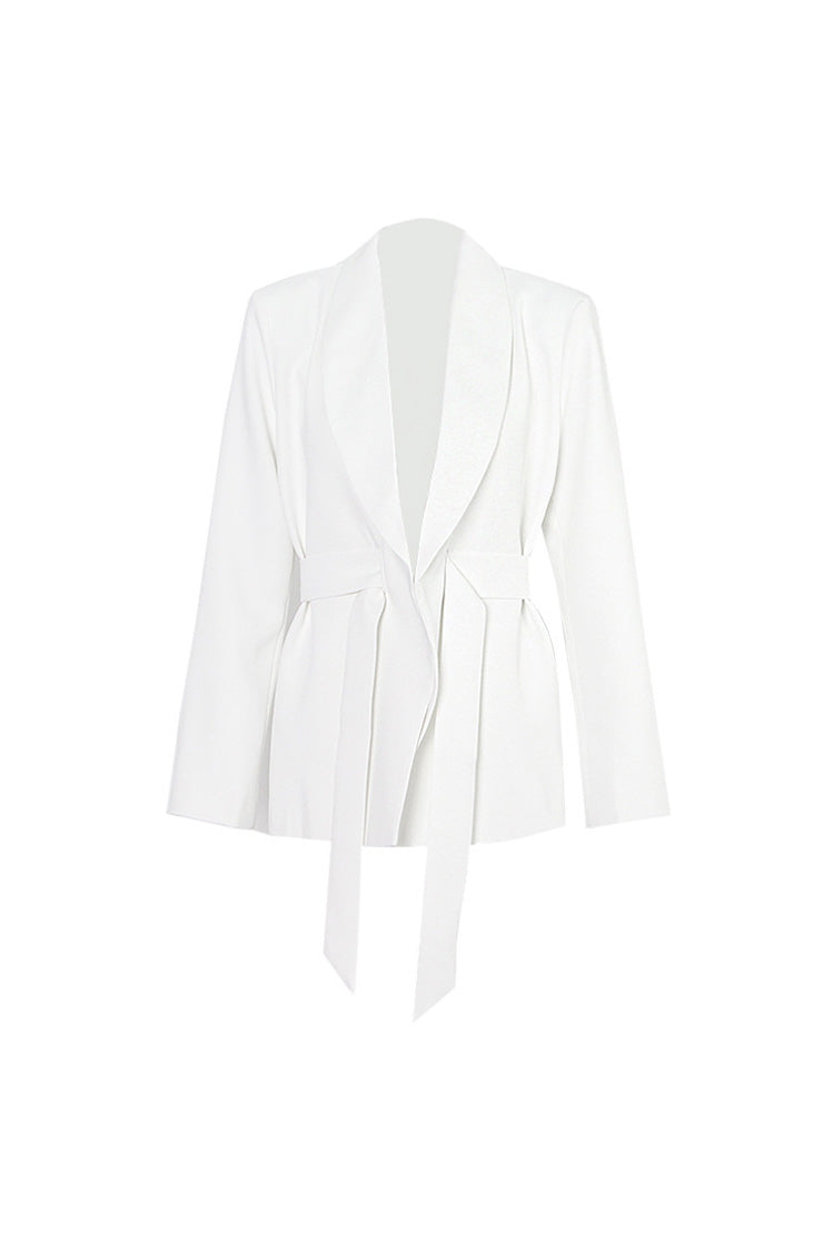 Smart Casual Solid Shawl Collar Shoulder Pad Cinch Waist Belted Blazer - Blazers - DYAVOR®