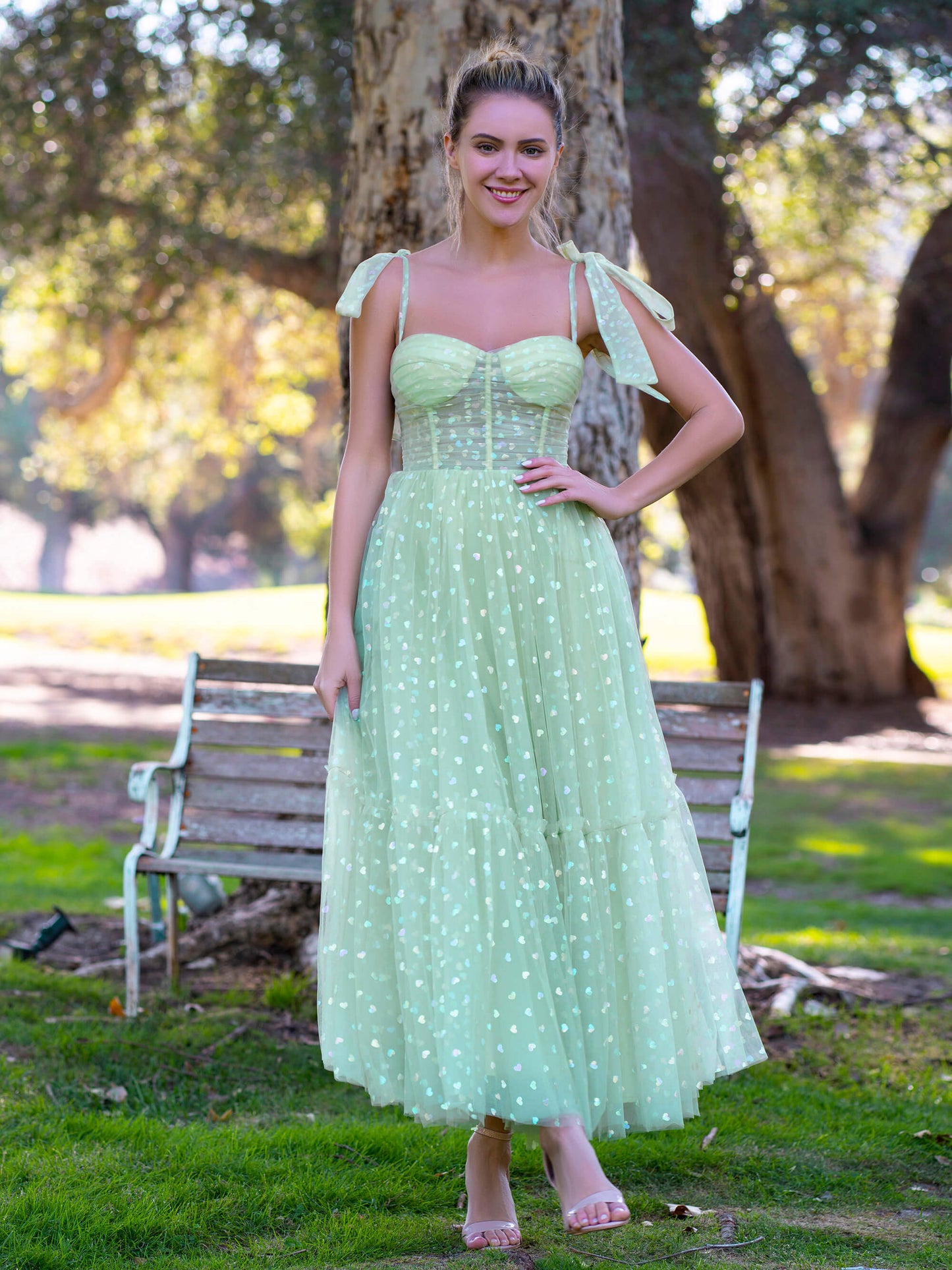 Corset Bow Straps Tulle Glitter Hearts Ankle Length Prom Dress - Prom Dresses - DYAVOR®