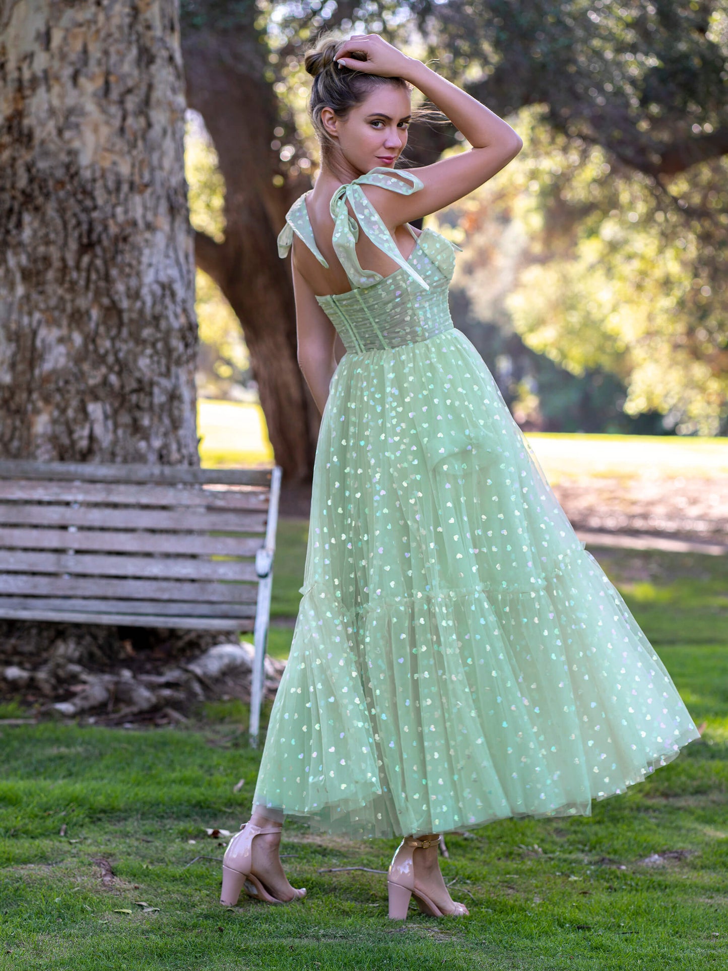 Corset Bow Straps Tulle Glitter Hearts Ankle Length Prom Dress - Prom Dresses - DYAVOR®