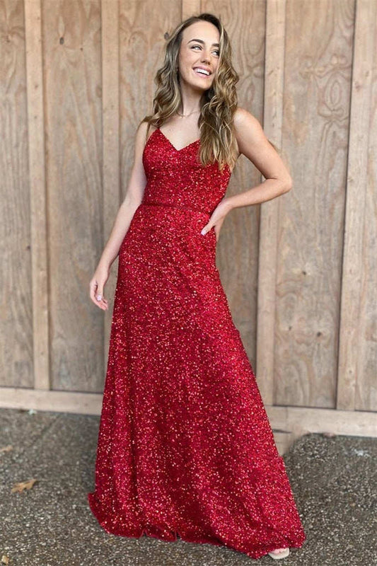 Spaghetti Straps Red Sequins Long Prom Dress - Prom Dresses - DYAVOR®