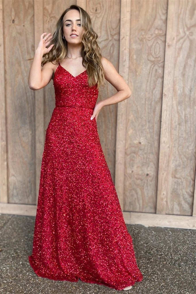 Spaghetti Straps Red Sequins Long Prom Dress - Prom Dresses - DYAVOR®