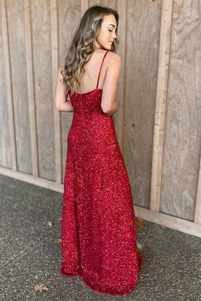 Spaghetti Straps Red Sequins Long Prom Dress - Prom Dresses - DYAVOR®