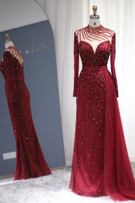 Sparkly Burgundy Long Sleeve Mermaid Prom Dresses Luxious Evening Gowns - Prom Dresses - DYAVOR®