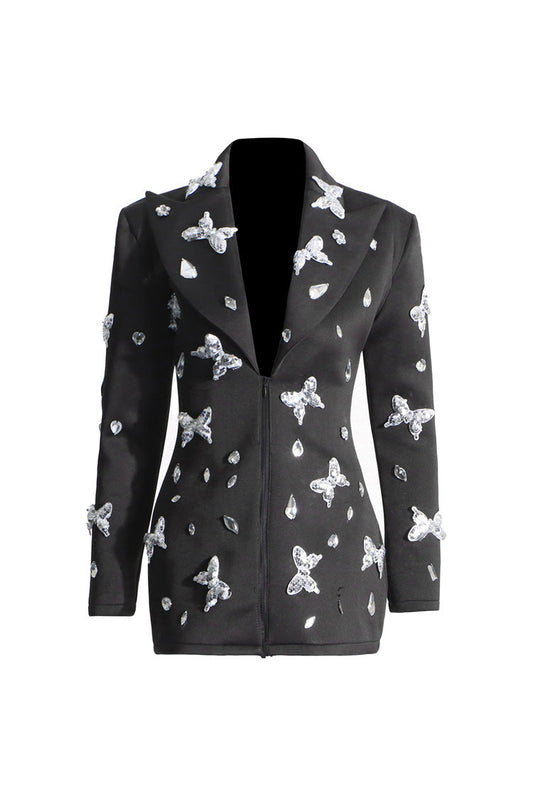 Sparkly Crystal Peak Lapel Zip Up Cinch Waist Butterfly Sequin Party Blazer - Blazers - DYAVOR®