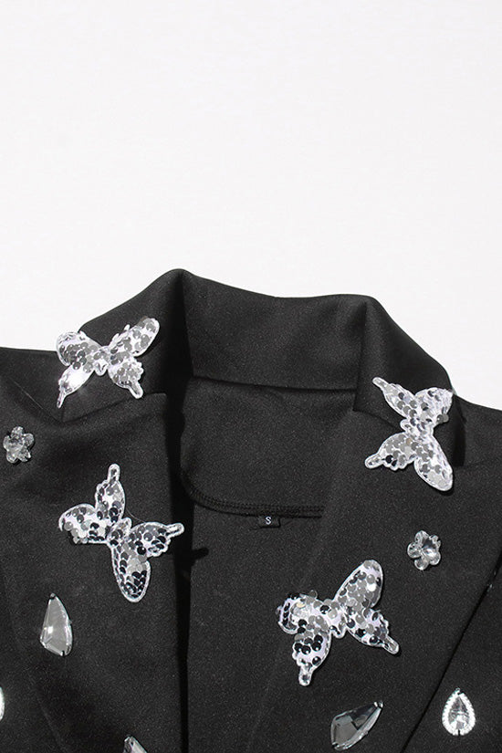 Sparkly Crystal Peak Lapel Zip Up Cinch Waist Butterfly Sequin Party Blazer - Blazers - DYAVOR®