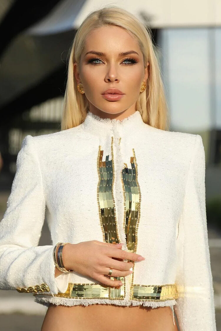 Sparkly Crystal Sequin Embellished Open Front Crop Eyelash Tweed Jacket - Coats - DYAVOR®