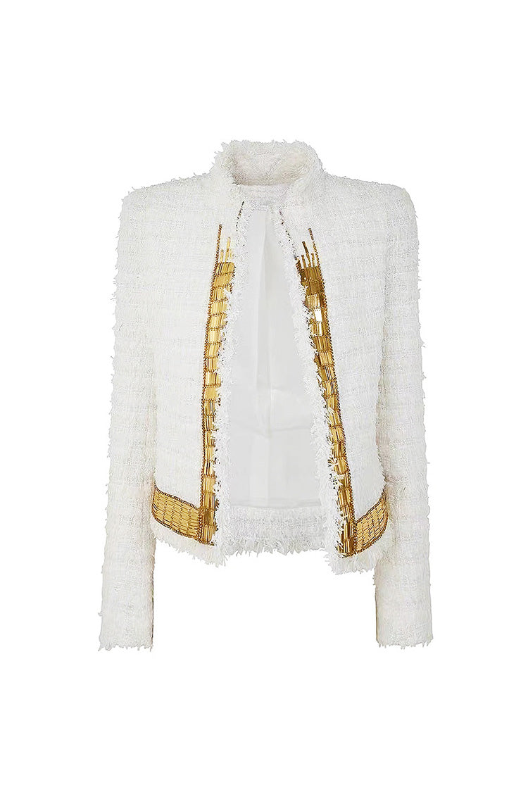 Sparkly Crystal Sequin Embellished Open Front Crop Eyelash Tweed Jacket - Coats - DYAVOR®