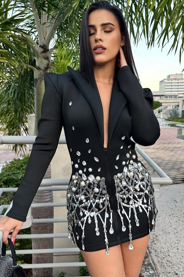 Sparkly Crystal Sequin Fringe Peak Lapel Zip Up Cinched Waist Party Blazer - Blazers - DYAVOR®