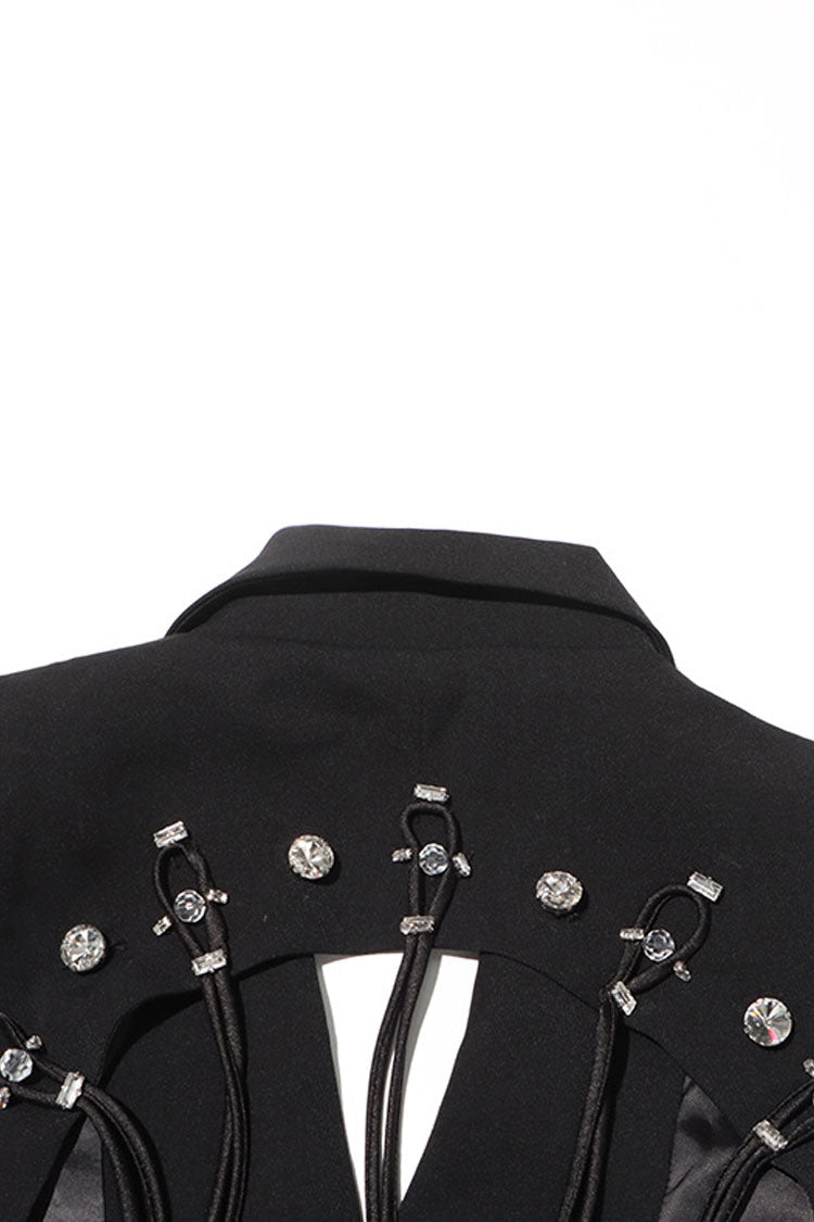 Sparkly Crystal Trim Fringe Backless Lapel Double Breasted Party Blazer - Blazers - DYAVOR®