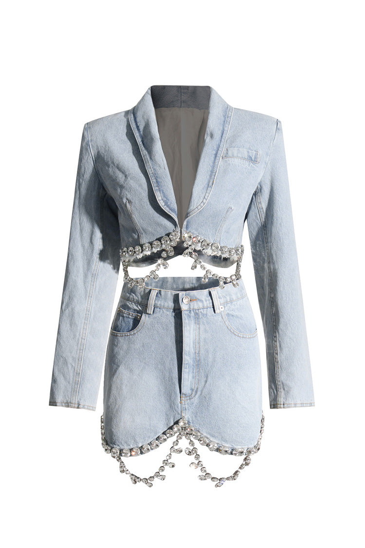 Sparkly Dangled Diamante Frayed Hem Shawl Collar Cropped Denim Jacket - Denim - DYAVOR®