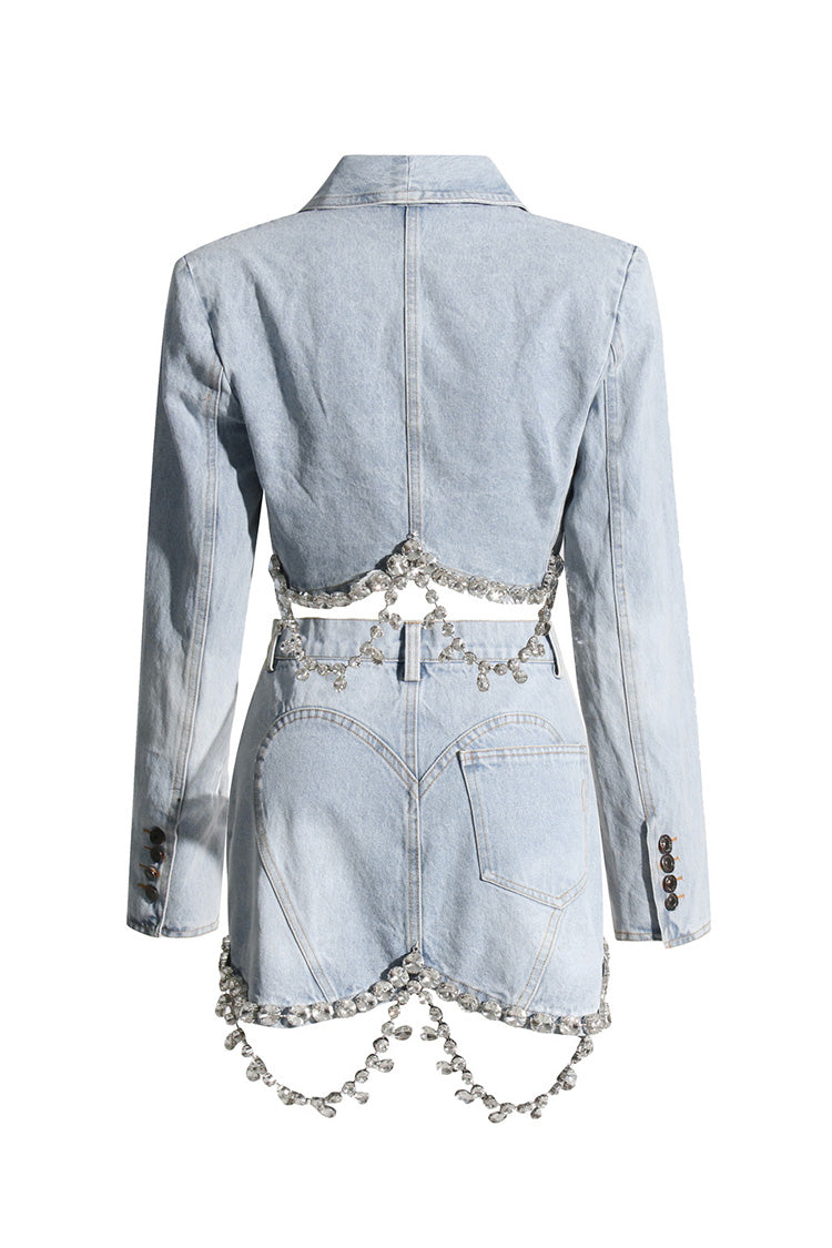 Sparkly Dangled Diamante Frayed Hem Shawl Collar Cropped Denim Jacket - Denim - DYAVOR®