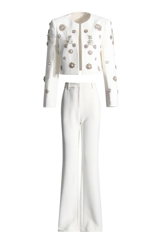 Sparkly Diamante Floral Crop Blazer Split Flared Leg Two Piece Suit Pant Set - Matching Sets - DYAVOR®
