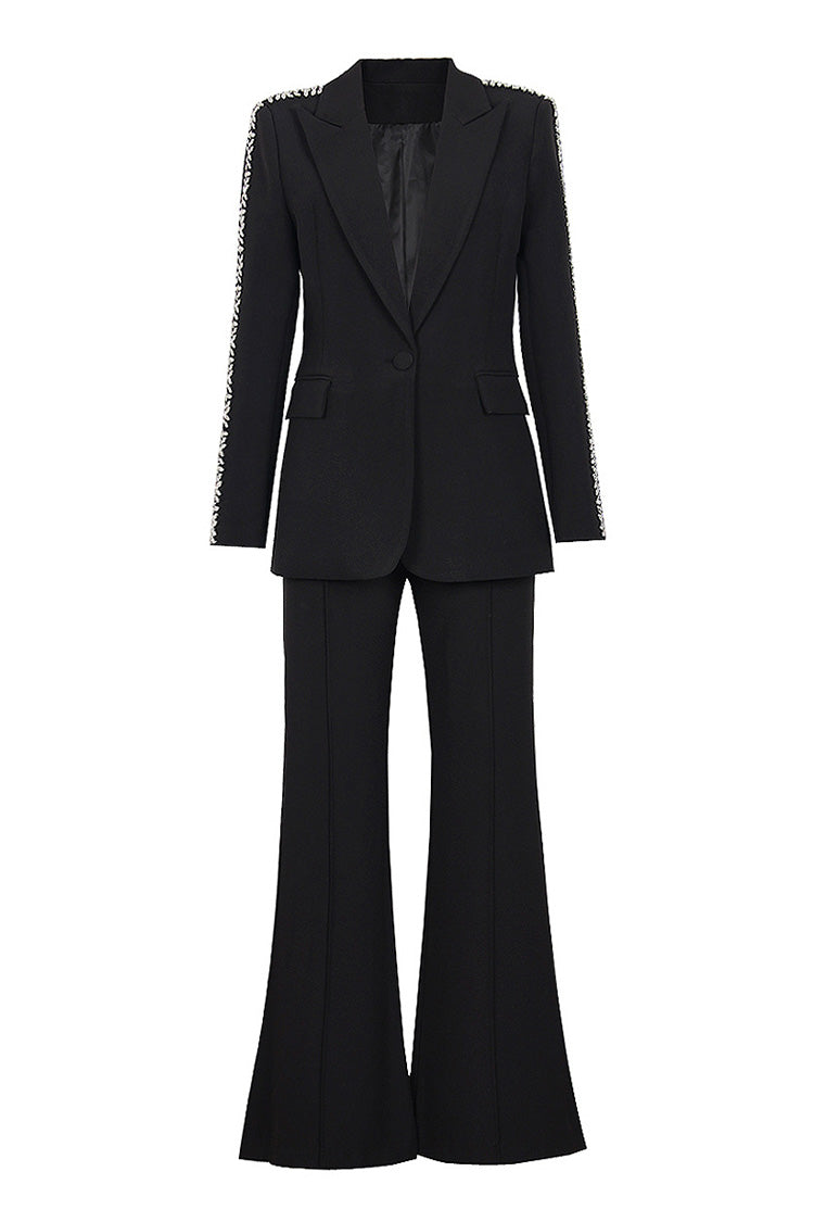 Sparkly Diamante Lapel Cinch Waist High Rise Flared Pant Two Piece Blazer Set - Matching Sets - DYAVOR®