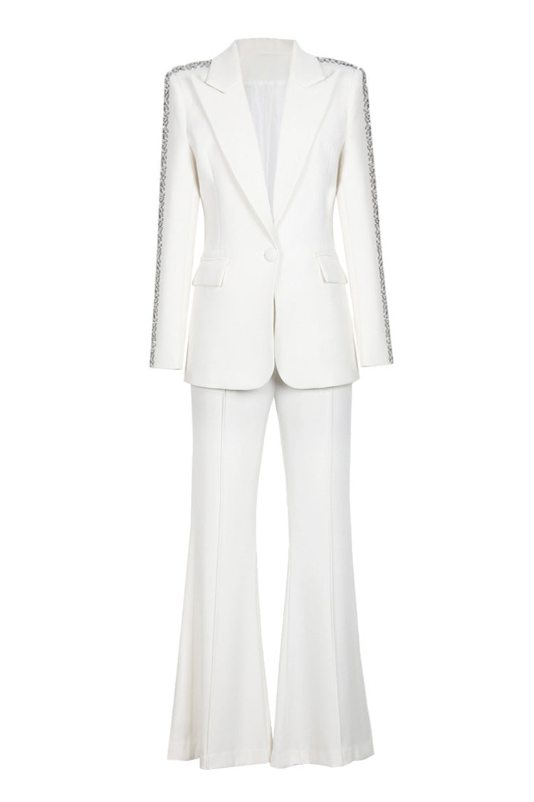 Sparkly Diamante Lapel Cinch Waist High Rise Flared Pant Two Piece Blazer Set - Matching Sets - DYAVOR®