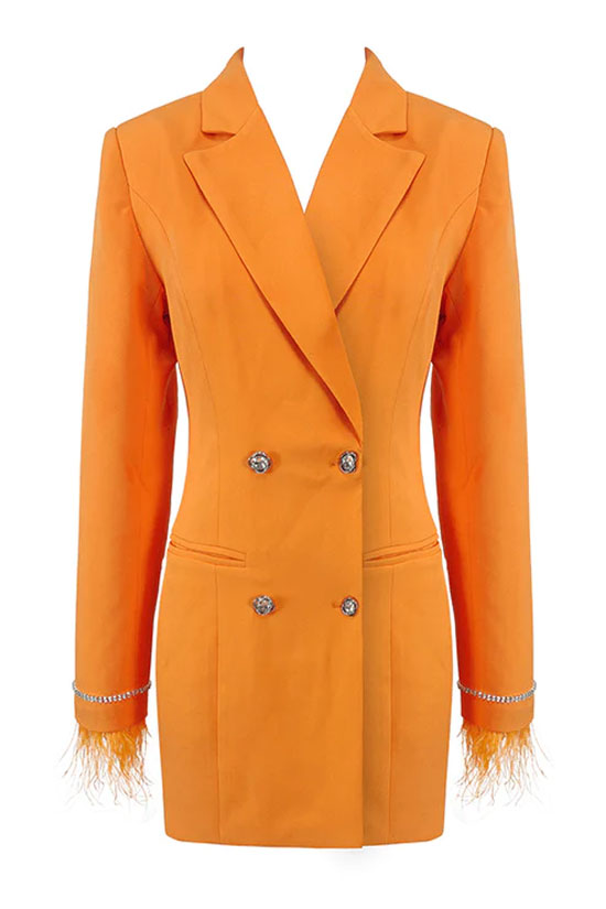 Sparkly Feather Trim Long Sleeve Cutout Back Blazer Mini Dress - Orange - Blazer - DYAVOR®